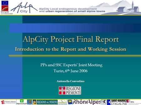 AlpCity Project Final Report Introduction to the Report and Working Session PPs and SSC Experts’ Joint Meeting Turin, 6 th June 2006 Antonella Convertino.