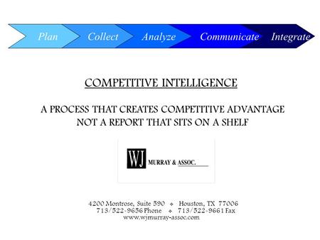 0 COMPETITIVE INTELLIGENCE A PROCESS THAT CREATES COMPETITIVE ADVANTAGE NOT A REPORT THAT SITS ON A SHELF Plan Integrate Collect Analyze Communicate 4200.