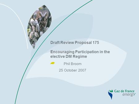 Draft Review Proposal 175 Encouraging Participation in the elective DM Regime Phil Broom 25 October 2007.