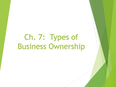 Ch. 7: Types of Business Ownership. Sole Proprietorships  Owned and operate by one person  Easiest and Most Popular!  Approximately 76% of all business.