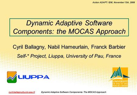 Action ADAPT / IDM, November 13th, 2008 Dynamic Adaptive Software Components: The MOCAS Approach1.