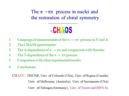 The  process in nuclei and the restoration of chiral symmetry 1.Campaign of measurements of the  process in N and A 2.The CHAOS spectrometer.