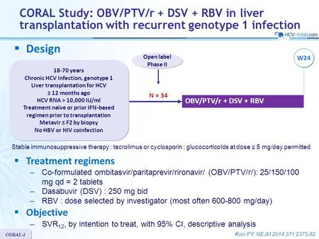 Kwo PY. NEJM 2014;371:2375-82 CORAL-I  Design OBV/PTV/r + DSV + RBV Open label Phase II 18-70 years Chronic HCV infection, genotype 1 Liver transplantation.