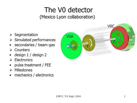 LHCC, V0, Sept. 20041 The V0 detector (Mexico Lyon collaboration)  Segmentation  Simulated performances secondaries / beam-gas  Counters design 1 /