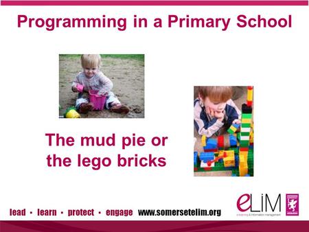Lead ▪ learn ▪ protect ▪ engage www.somersetelim.org Programming in a Primary School The mud pie or the lego bricks.