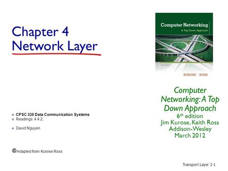 Transport Layer 3-1 Chapter 4 Network Layer Computer Networking: A Top Down Approach 6 th edition Jim Kurose, Keith Ross Addison-Wesley March 2012  CPSC.