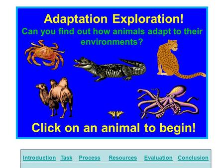 Adaptation Exploration! Can you find out how animals adapt to their environments? Click on an animal to begin! IntroductionTaskProcessResourcesEvaluationConclusion.
