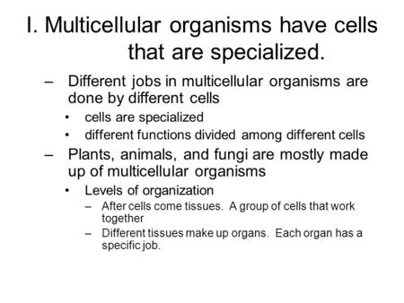 I. Multicellular organisms have cells that are specialized. –Different jobs in multicellular organisms are done by different cells cells are specialized.