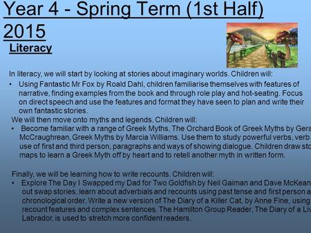 Literacy In literacy, we will start by looking at stories about imaginary worlds. Children will: Using Fantastic Mr Fox by Roald Dahl, children familiarise.