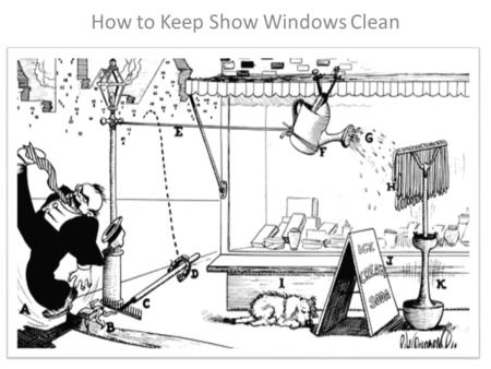 How to Keep Show Windows Clean. Passing man (A) slips on banana peel (B) causing him to fall on rake (C). As handle of rake rises it throws horseshoe.