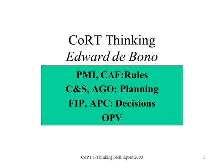 CoRT Thinking Edward de Bono
