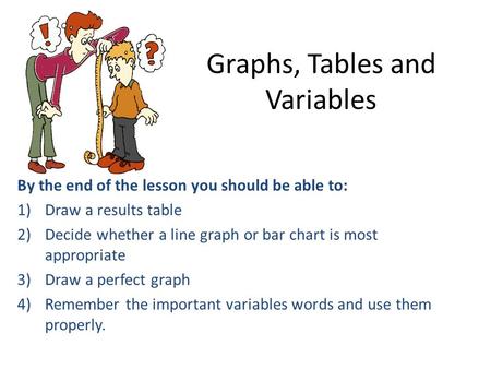 Graphs, Tables and Variables By the end of the lesson you should be able to: 1)Draw a results table 2)Decide whether a line graph or bar chart is most.
