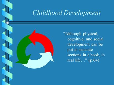 Childhood Development “Although physical, cognitive, and social development can be put in separate sections in a book, in real life…” (p.64)
