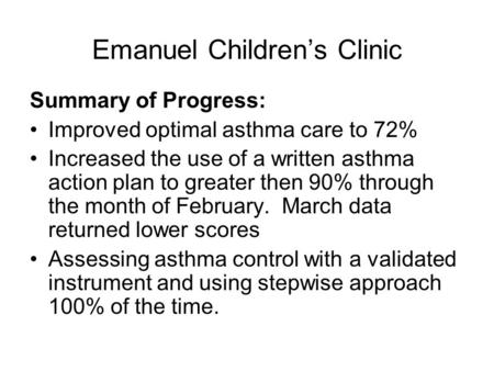 Emanuel Children’s Clinic Summary of Progress: Improved optimal asthma care to 72% Increased the use of a written asthma action plan to greater then 90%