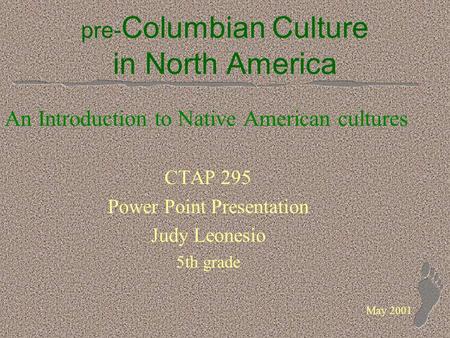 Pre- Columbian Culture in North America An Introduction to Native American cultures CTAP 295 Power Point Presentation Judy Leonesio 5th grade May 2001.