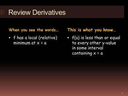 Review Derivatives When you see the words… This is what you know…  f has a local (relative) minimum at x = a  f(a) is less than or equal to every other.