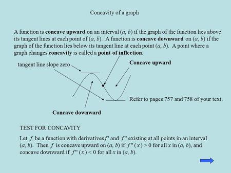 Concavity of a graph A function is concave upward on an interval (a, b) if the graph of the function lies above its tangent lines at each point of (a,