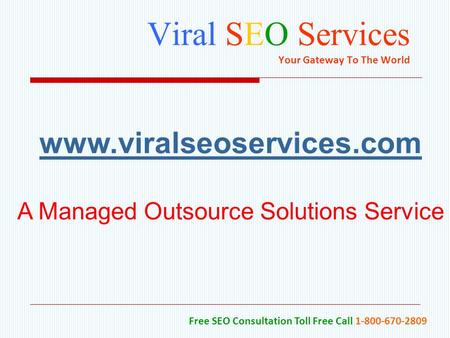 Viral SEO Services Your Gateway To The World Free SEO Consultation Toll Free Call 1-800-670-2809 www.viralseoservices.com A Managed Outsource Solutions.