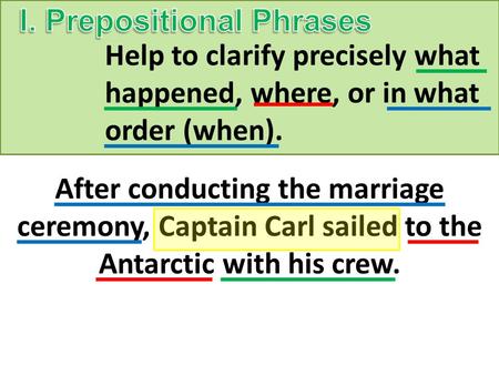 Help to clarify precisely what happened, where, or in what order (when). After conducting the marriage ceremony, Captain Carl sailed to the Antarctic with.