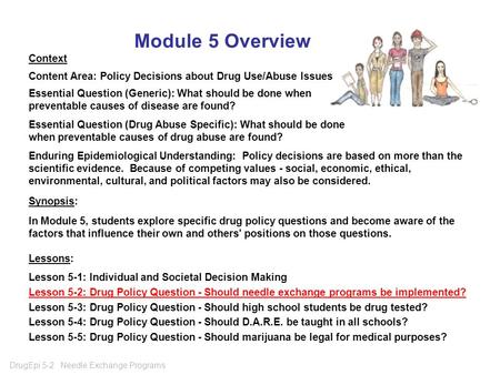 DrugEpi 5-2 Needle Exchange Programs Module 5 Overview Context Content Area: Policy Decisions about Drug Use/Abuse Issues Essential Question (Generic):