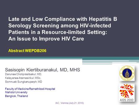 Late and Low Compliance with Hepatitis B Serology Screening among HIV-infected Patients in a Resource-limited Setting: An Issue to Improve HIV Care Abstract.