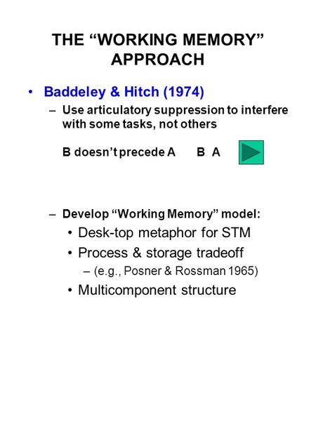 THE “WORKING MEMORY” APPROACH Baddeley & Hitch (1974) –Use articulatory suppression to interfere with some tasks, not others B doesn’t precede AB A –Develop.