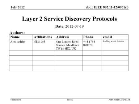 Doc.: IEEE 802.11-12/0961r0 Submission July 2012 Alex Ashley, NDS LtdSlide 1 Layer 2 Service Discovery Protocols Date: 2012-07-19 Authors: