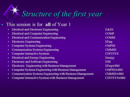 Structure of the first year  This session is for all of Year 1  Electrical and Electronic Engineering E&EE  Electrical and Computer Engineering COMP.