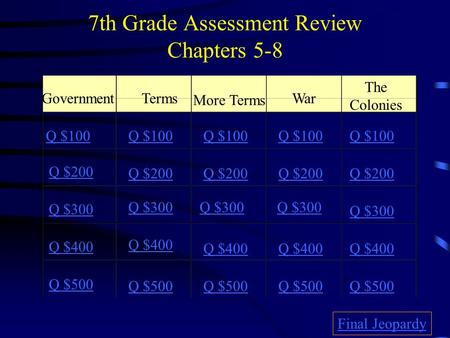 7th Grade Assessment Review Chapters 5-8 GovernmentTerms More Terms War The Colonies Q $100 Q $200 Q $300 Q $400 Q $500 Q $100 Q $200 Q $300 Q $400 Q.