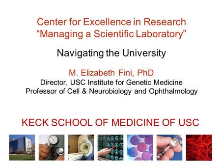 Center for Excellence in Research “Managing a Scientific Laboratory” Navigating the University M. Elizabeth Fini, PhD Director, USC Institute for Genetic.