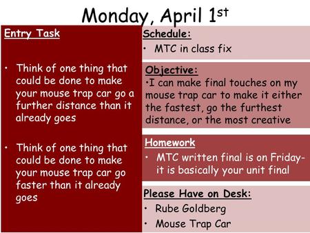 Monday, April 1 st Entry Task Think of one thing that could be done to make your mouse trap car go a further distance than it already goes Think of one.