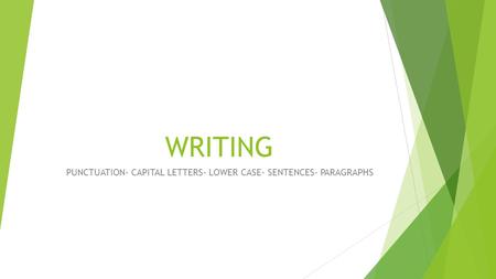 WRITING PUNCTUATION- CAPITAL LETTERS- LOWER CASE- SENTENCES- PARAGRAPHS.