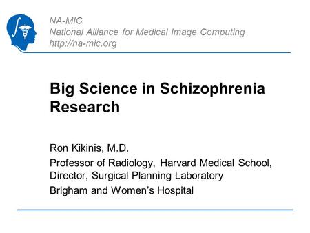 NA-MIC National Alliance for Medical Image Computing  Big Science in Schizophrenia Research Ron Kikinis, M.D. Professor of Radiology,