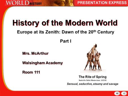 History of the Modern World Europe at its Zenith: Dawn of the 20 th Century Part I Mrs. McArthur Walsingham Academy Room 111 Mrs. McArthur Walsingham Academy.