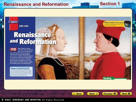 Renaissance and Reformation Section 1. Renaissance and Reformation Section 1 Click the icon to play Listen to History audio. Click the icon below to connect.
