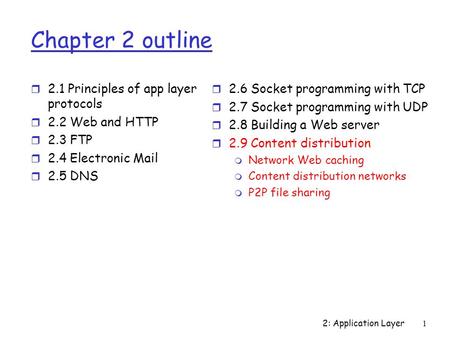 2: Application Layer1 Chapter 2 outline r 2.1 Principles of app layer protocols r 2.2 Web and HTTP r 2.3 FTP r 2.4 Electronic Mail r 2.5 DNS r 2.6 Socket.
