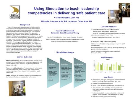 Using Simulation to teach leadership competencies in delivering safe patient care Claudia Grobbel DNP RN Michelle Costlow MSN RN, Jean Ann Dean MSN RN.