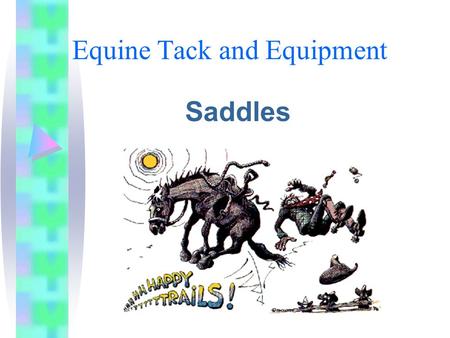 Equine Tack and Equipment Saddles. Western Saddle The tree –Also called the frame because it provides the structure of the saddle. –May be wood, aluminum,