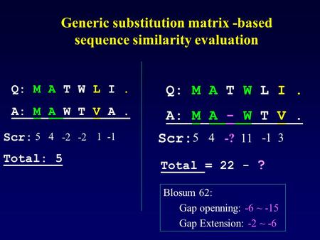 Generic substitution matrix -based sequence similarity evaluation Q: M A T W L I. A: M A - W T V. Scr: 45 -?11 3 Scr: 45 -2 1 Q: M A T W L I. A: M A W.