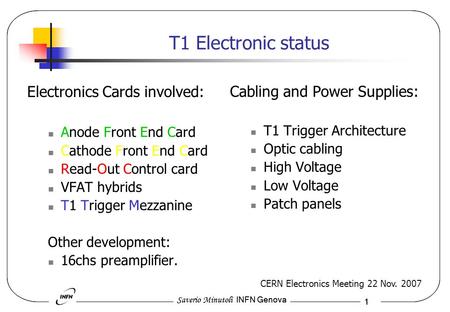 Saverio Minutoli INFN Genova 1 1 T1 Electronic status Electronics Cards involved: Anode Front End Card Cathode Front End Card Read-Out Control card VFAT.