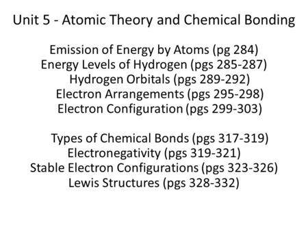 Unit 5 - Atomic Theory and Chemical Bonding Emission of Energy by Atoms (pg 284) Energy Levels of Hydrogen (pgs 285-287) Hydrogen Orbitals (pgs 289-292)