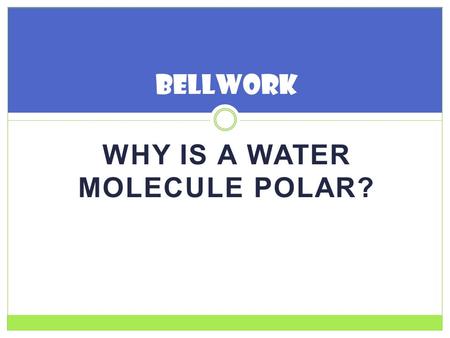 WHY IS A WATER MOLECULE POLAR? Bellwork. WATER BioChemistry.