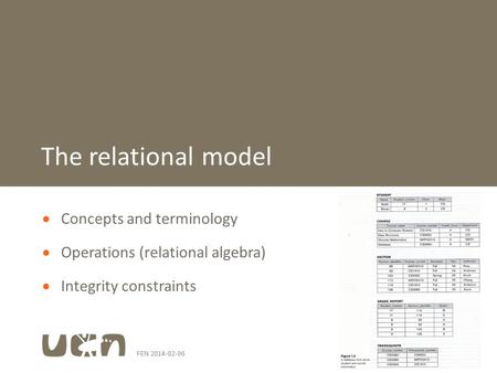 FEN 2014-02-061  Concepts and terminology  Operations (relational algebra)  Integrity constraints The relational model.