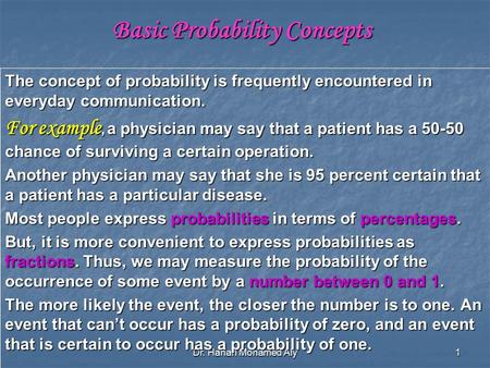 Dr. Hanan Mohamed Aly 1 Basic Probability Concepts The concept of probability is frequently encountered in everyday communication. For example, a physician.