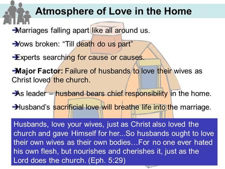 Atmosphere of Love in the Home  Marriages falling apart like all around us.  Vows broken: “Till death do us part”  Experts searching for cause or causes.