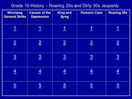 Grade 10 History – Roaring 20s and Dirty 30s Jeopardy Winnipeg General Strike Causes of the Depression King and Byng Persons CaseRoaring 20s 11111 22222.