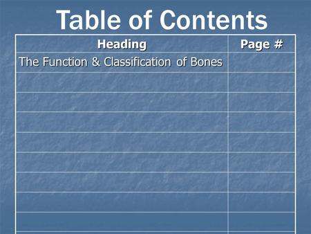 Heading Page # The Function & Classification of Bones Table of Contents.