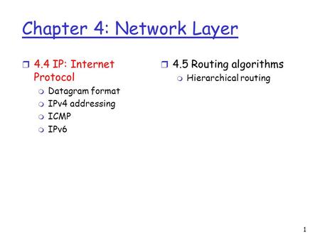 1 Chapter 4: Network Layer r 4.4 IP: Internet Protocol m Datagram format m IPv4 addressing m ICMP m IPv6 r 4.5 Routing algorithms m Hierarchical routing.