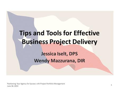 Tips and Tools for Effective Business Project Delivery Jessica Iselt, DPS Wendy Mazzurana, DIR 1 Positioning Your Agency for Success with Project Portfolio.