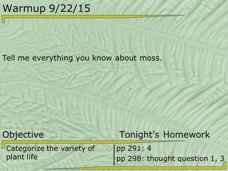 Warmup 9/22/15 Tell me everything you know about moss. Objective Tonight’s Homework Categorize the variety of plant life pp 291: 4 pp 298: thought question.